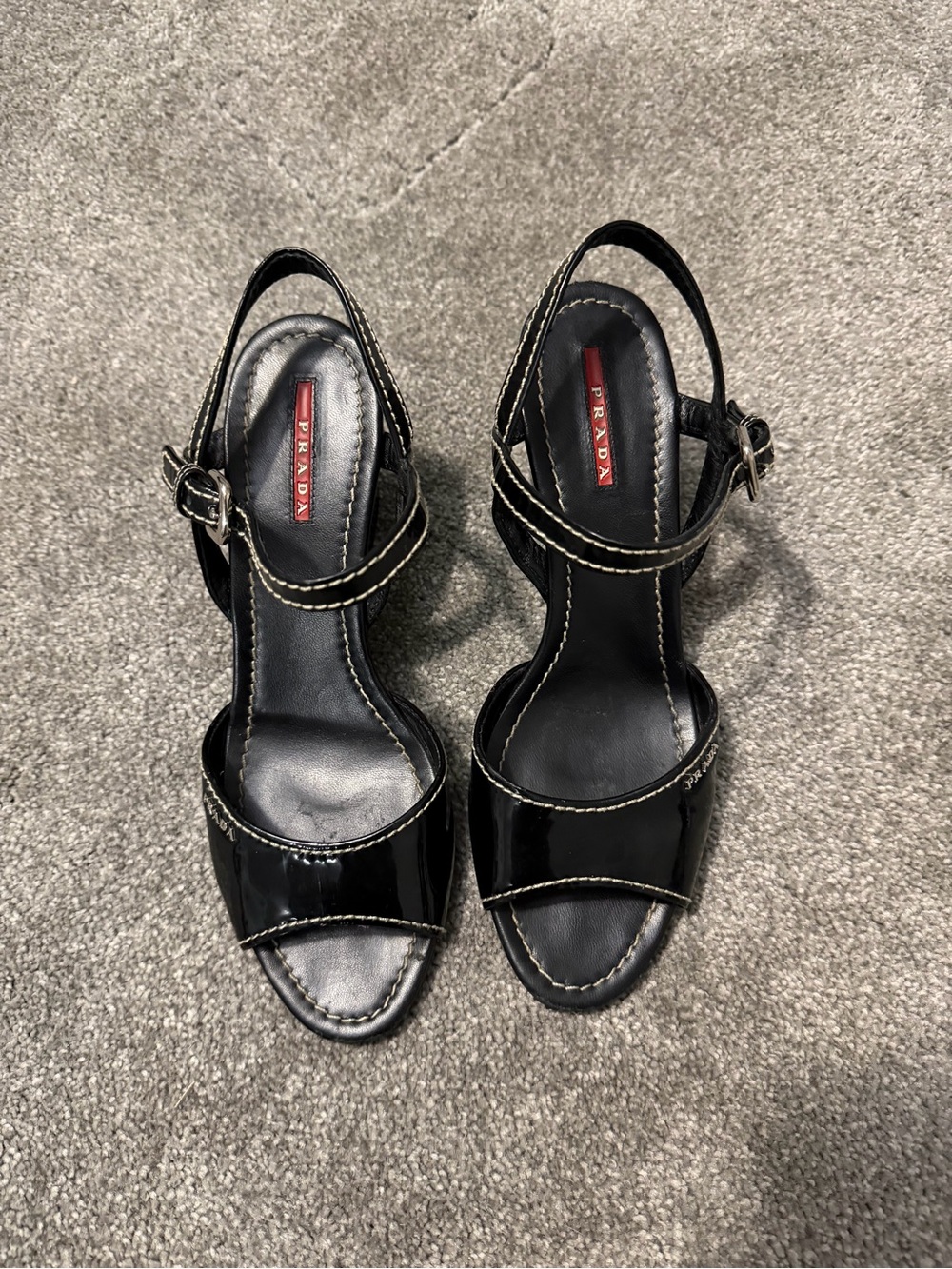 Prada Black Patent Leather Slingback Wedge Sandals size 40